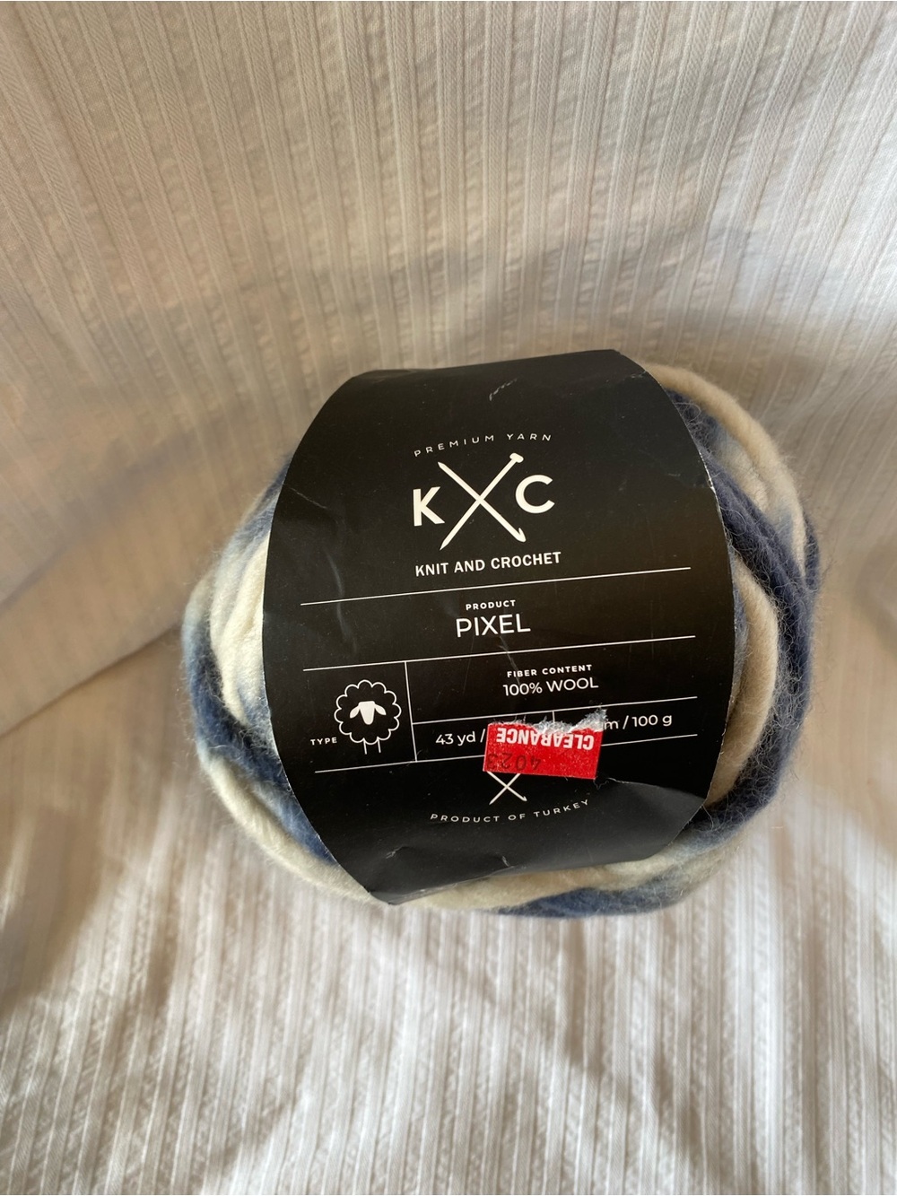 KC brand 100% Wool Yarn Ball in Blue and Cream colors